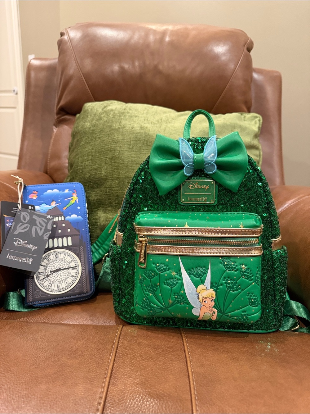 Loungefly Green Sequin Tinker Bell Mini Backpack and Peter Pan Wallet